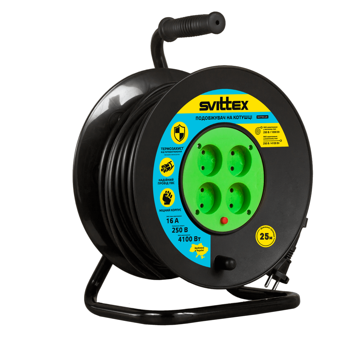SV-018 -В Подовжувач SVITTEX на котушці (25 м) серія ПРОФІ з термозахистом, 2х2,5 мм² чорний