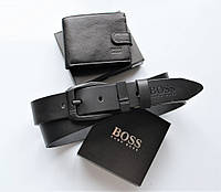 Мужской подарочный набор Hugo Boss ремень и кошелек черные