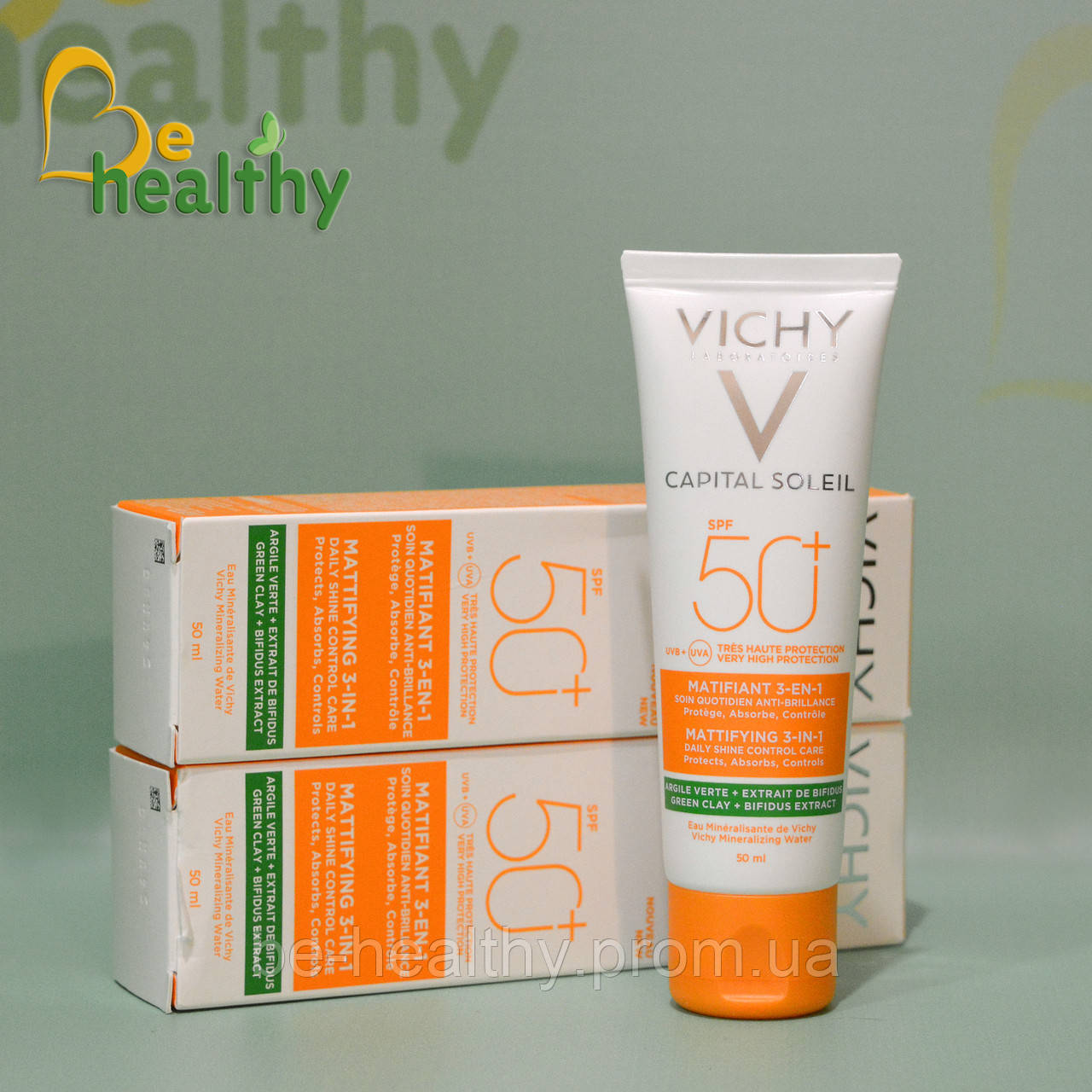 Солнцезащитный матирующий крем 3-в-1 для жирной кожи, Vichy Capital Soleil Matifiant 3en1 SPF50+, 50 мл - фото 1 - id-p2105680047