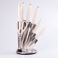 Набор ножей для кухни с подставкой 7 предметов Ножи из стали 5CR15 Рукоятка Прорезиненный пластик Белый