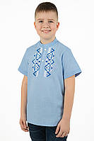 Вышиванка льняная на мальчика подростка, голубая рубашка с коротким рукавом