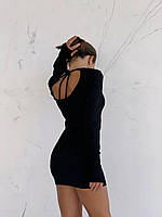 Черное короткое платье в рубчик с рукавами митенками и вырезом на спине (р. 42-46) 55035547