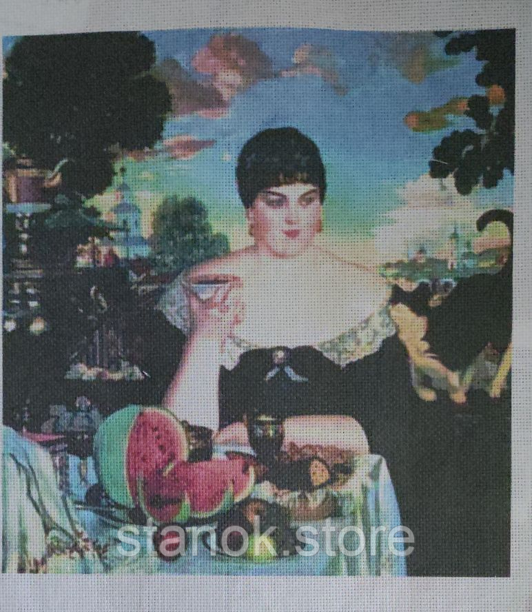 Схема для вишивки на канві для муліні ниток дама з кавуном розмір а4, фото 1