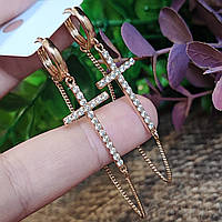 Сережки хрестики Xuping довжина 6см ширина 1.4см медичне золото позолота 18К с1394