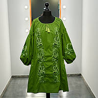 Сукня з вишивкою - гладь / вільного крою / стиль бохо з поясом / рукав 3/4 /колір - салатовий.