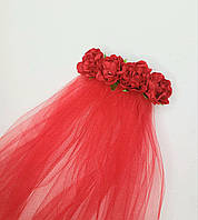 Фата для дівич-вечора об'ємна, червона Flowers (75 см)