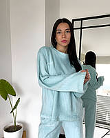 Теплая женская пижама стильная зимняя комфортная ОverSize нежный спальный комплект штаны и кофта голубая