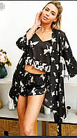 Шелковая женская пижама для сна Птица, комплект тройка для дома M-L Черный