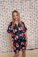 Домашняя женская шелковая пижама для сна Фламинго, пижама для женщин S, M, L Темно-синий