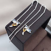 Сережки протяжки срібні з підвіскою колібрі з жовтими та синіми фіанітами