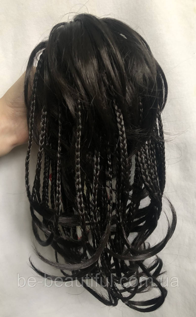 Хвіст шиньйон на крабі короткий із косичками, колір шоколад, фото 1