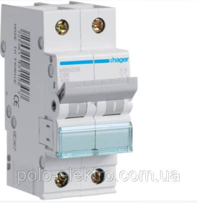 Автоматичний вимикач 2P 6kA B-6A 2M Hager