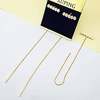 Сережки протяжки, "Стежинка" з перлами, медсплав Xuping, позолота 18К