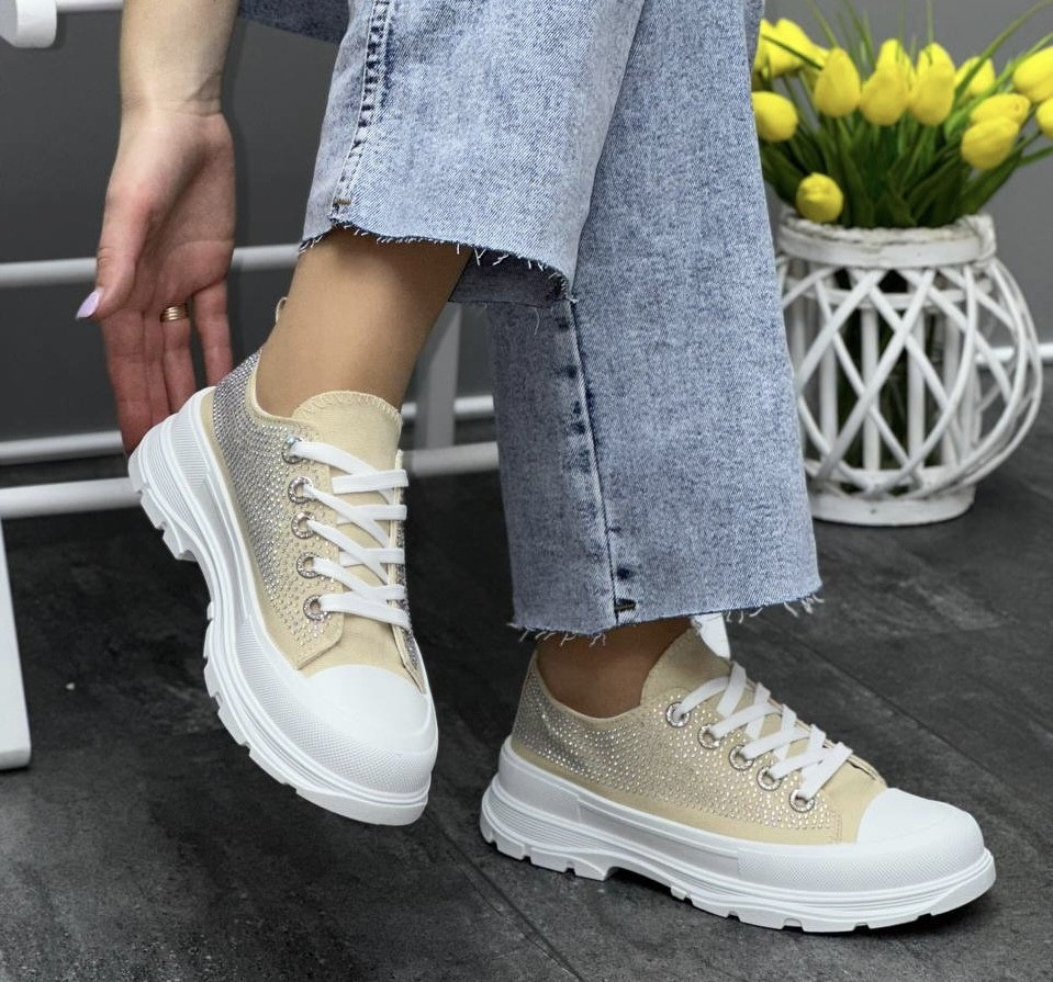 38р, 39р и 41р !!! Кроссовки женские кеды бежевые с белым со стразами ...