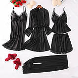 Атласний жіночий комплект домашнього одягу 5в1 – халат, пеньюар, топ, шорти, штани, подарунок для жінки, фото 2