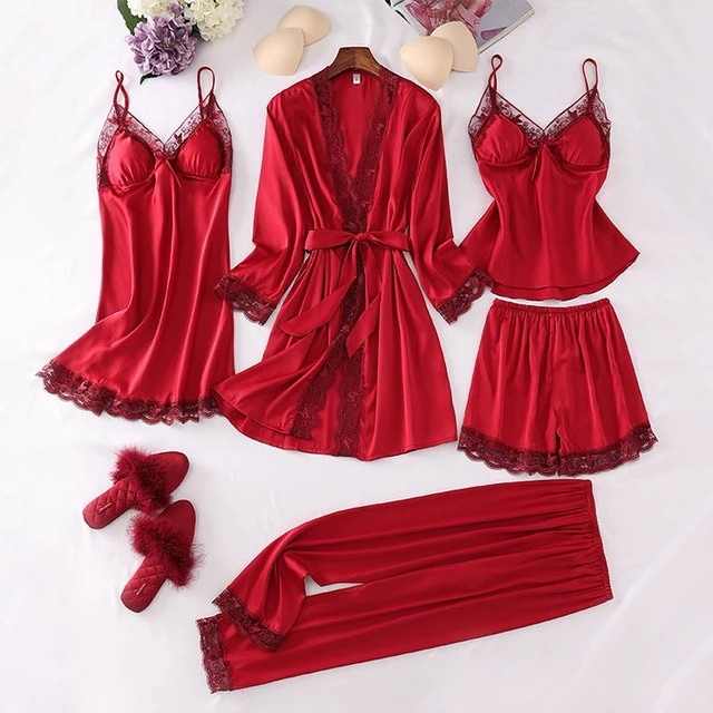 Атласний жіночий комплект домашнього одягу 5в1 – халат, пеньюар, топ, шорти, штани, подарунок для жінки, фото 1