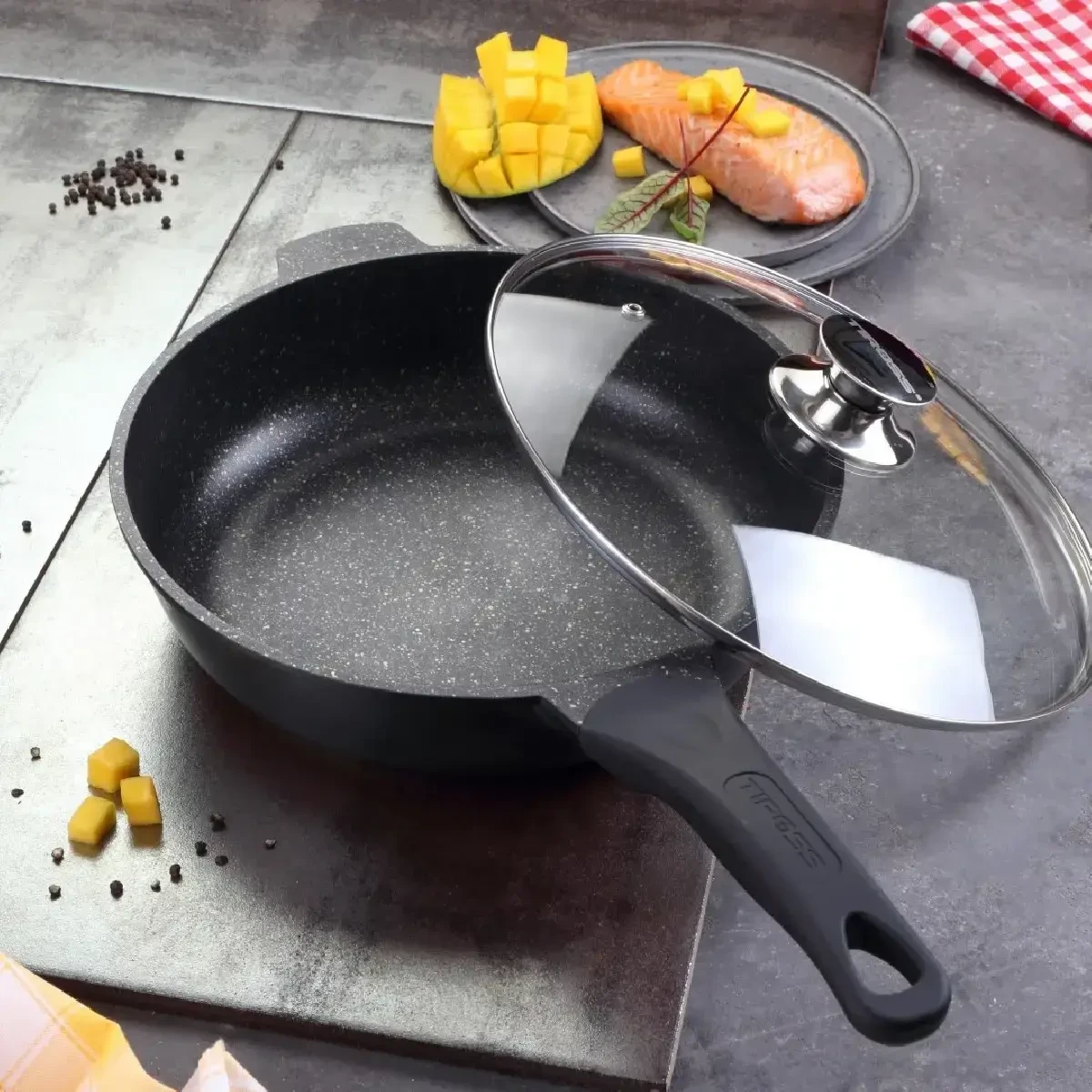 Сковорідка з керамічним покриттям із литого алюмінію 24 см, Висока сковорода для готування з кришкою