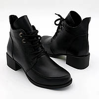 Ботинки женские кожаные чёрные классические на каблуке со шнуровкой и боковым замком Foot step код-(353)