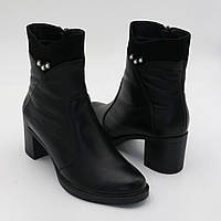Ботинки женские демисезонные кожаные чёрные комбинированные на каблуке Foot step код-(43)
