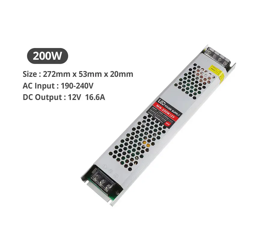 Блок живлення LEDTech 12v 16.6а 200Вт ультратонкий в алюмінієвому корпусі 273х22х53 мм