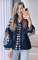Стильная черная вышиванка блуза с яркой цветочной вышивкой размеры S, M, L