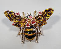 Женская брошь пчелка с цветами, стразами и эмалью 4х6см