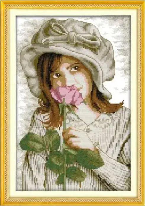 Набір для вишивання за нанесеною на канву схемою "A girl who smells flowers". AIDA 14CT printed, 26*35 см