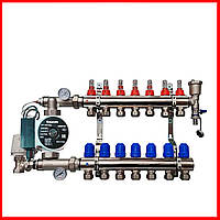Коллектор для теплого пола в сборе с насосом на 7 контуров KP (Чехия) латунь
