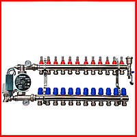Коллектор для теплого пола в сборе с насосом на 12 контуров KP (Чехия) латунь