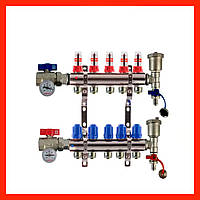 Коллектор для теплого пола в сборе на 5 контуров KP с расходомерами, термометрами, конечными элементами