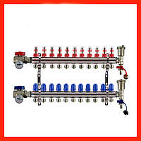 Коллектор для теплого пола в сборе на 11 контуров KP с расходомерами, термометрами, конечными элементами