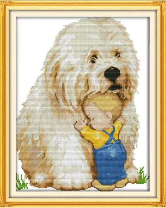 Набір для вишивання за нанесеною на канву схемою "Dog & Baby". AIDA 14CT printed 36*45 см