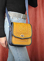 Кожаная женская сумка ручной работы "Дубок", желто-синяя сумка, сумка через плечо желтая из синим