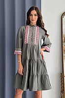 Платье миди женское вышиванка весеннее хаки с кружевом 3502-02