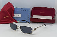 Gucci очки женские солнцезащитные модные узкие черные в серебристой металлической оправе