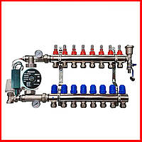 Коллектор для теплого пола в сборе с насосом на 8 контуров KP (Чехия) латунь