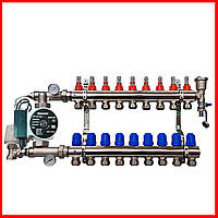 Коллектор для теплого пола в сборе с насосом на 9 контуров EP (Чехия) латунь