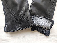 Мужские кожаные перчатки из оленьей кожи, подкладка махра, черные высокое качество