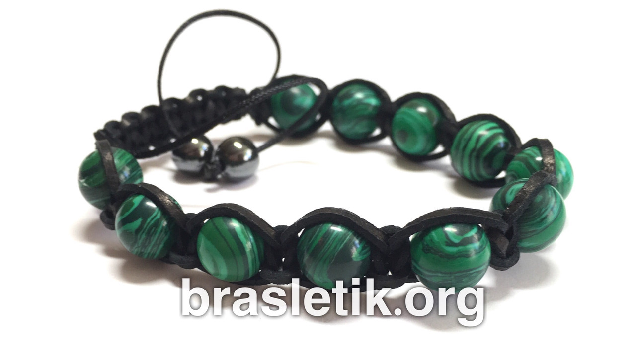 Шкіряний браслет із малахіту shamballa