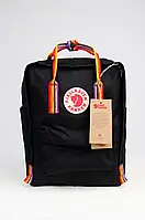 Рюкзак Fjallraven Kanken Classic Rainbow 16л Топ качество с радужными ручками Черный + Подарок Термос Новинка