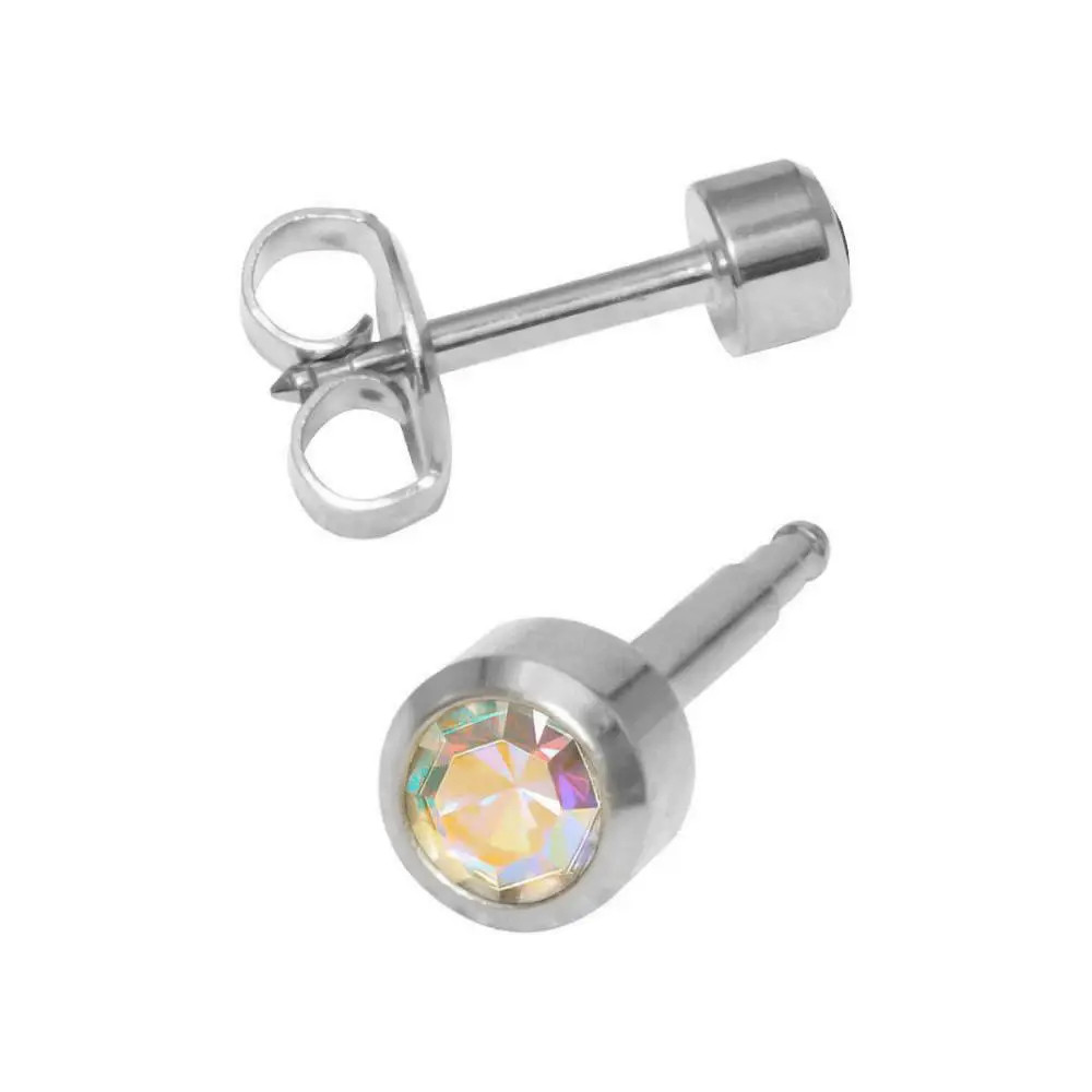 Сережки-гвоздики пусети Studex середні завальцьовані срібло, камінь гірський кришталь хамелеон, 3 мм R 215 W