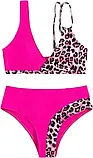 Яскравий рожевий роздільний купальник з леопардовими вставками, фото 4