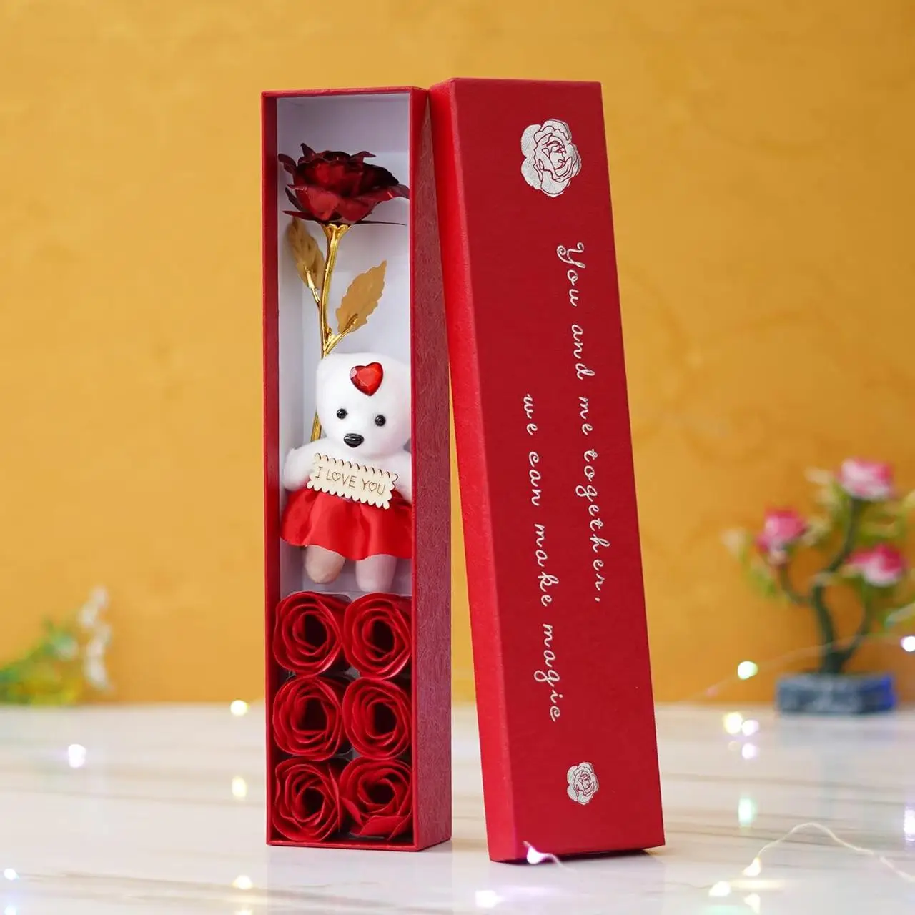 Троянди з мила в подарунковій коробці з плюшевим ведмедем квітковий подарунок, оригінальний подарунок для дівчини