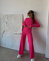 Трендовый женский костюм с длинным рукавом и широкие брюки. 42/44, Малина
