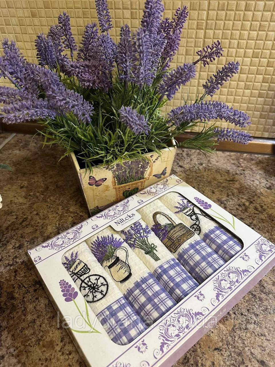 Набір вафельних кухонних рушників в подарунковій коробці 5 шт 40/60 см натуральні бавовняні якісні Туреччина, фото 1