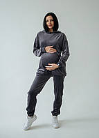 Спортивный велюровый костюм для беременных и кормящих мам с секретом для кормления графитовый XXL