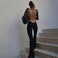 Жіночий повсякденний чорний брючний, комбінезон клешений з довгим рукавом і відкритою спиною, розмір 42-46