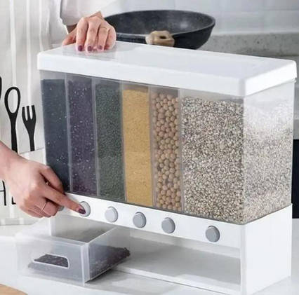 Органайзер для круп із дозатором, Ємність для сипких продуктів 6 секцій, Дозатор для круп