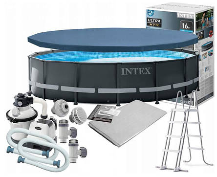 Басейн каркасний Intex 26326 розмір 488x122см, об'єм 19156л (пісочний фільтр-насос, драбина, тент, підкладка), фото 1
