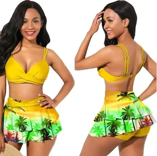 Пляжний яскравий жовтий купальник ліф з пушапом, плавки зі спідничкою та принтом, фото 1